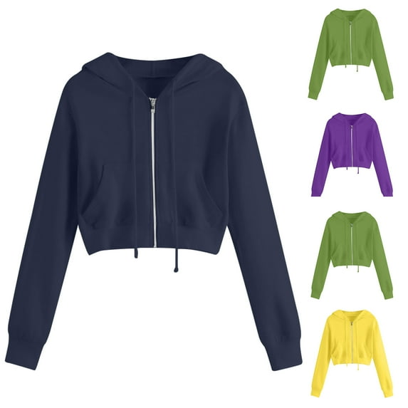 BiZtdJrK Women's Zip Up Hoodies Long Sleeve Crop Tops Solid Color Casual Drawstring Hooded Sweatshirt Jackets with Pockets Fall Clothes Prime Sales Today Clearance Dark Blue L