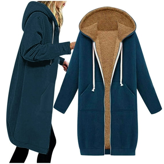 BiZtdJrK Women's Zip Up Hoodies Oversized Sherpa Lined Fleece Thermal Sweatshirts Solid Casual Long Hooded Jackets with Pockets Clearance Items Navy XL
