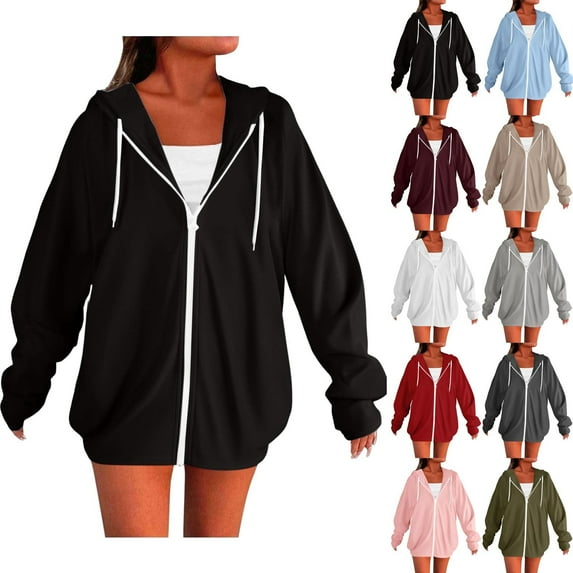 BiZtdJrK Women's Zip Up Hoodie Sweatshirt Casual Long Sleeve Oversized Hoodies with Pocket Solid Color Lightweight Drawstring Sweatshirts Beige XXL