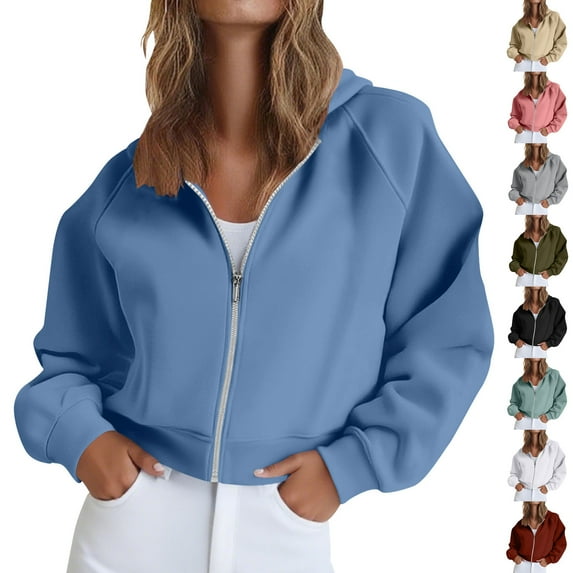 BiZtdJrK Women's Zip Up Hoodies Cropped Cardigan Jacket Drawstring Hooded Solid Color Long Sleeve Short Sweatshirts with Pocket White XL