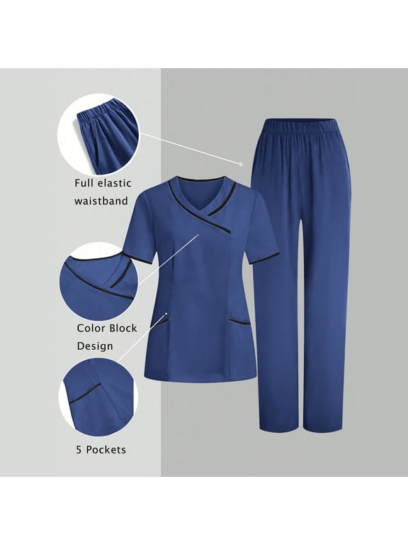 Womens 2 Piece Medical Scrub Sets V Neck Scrub Top and Tall Straight Leg Stretch Pants Scrub Set Nurse Workwear with Pockets Dark Blue,L