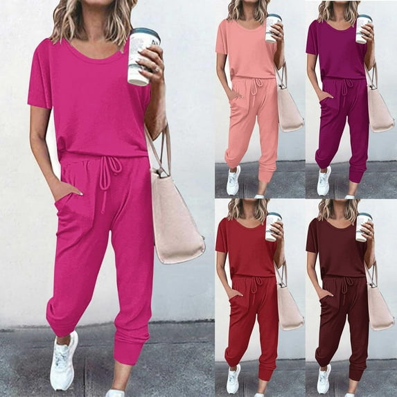 BiZtdJrK Womens 2 Piece Outfits 2025 Summer Short Sleeve Tops with Drawstring Long Pants Tracksuit Solid Casual Crewneck Shirts and Sweatpant Jogger Lounge Set Sales Prime Wine XL