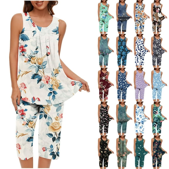 BiZtdJrK Womens 2 Piece Outfits Casual Sleeveless Tank Tops and Cropped Pants Lounge Set Trendy Print Pleated Crewneck Shirts Capris Sleepwear Suits Ofertas Flash Del Dia Mint Green M