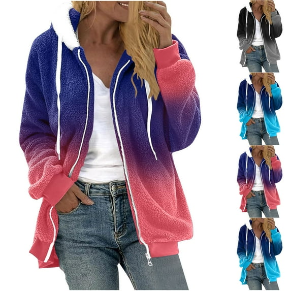 BiZtdJrK Womens Fuzzy Fleece Sweatshirt Jackets Color Block Long Sleeve Zipper Sherpa Hoodie Sweatshirts Drawstring Fashion Hooded Jacket Pink L