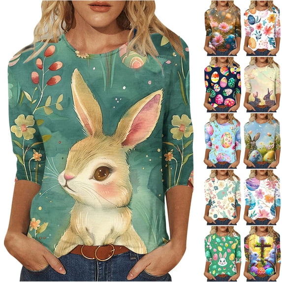 BiZtdJrK Womens 3/4 Length Sleeve Tops Casual Loose Fit Crewneck T Shirts Cute Rabbit Graphic Tees Shirt 2025 Easter Holiday Outfits Multicolor XXL Weekly Sale