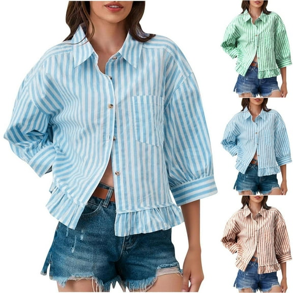 BiZtdJrK Womens 3/4 Sleeve Button Up Shirts Ruffle Hem Striped Print Cropped Collared Bloues Fall Fashion Shirt with Chest Pocket Green XL