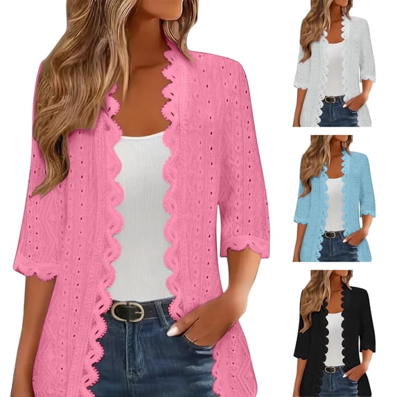BiZtdJrK Womens 3/4 Sleeve Cardigans Eyelet Fashion Open Front Sweaters Lightweight Solid Color Summer Shrug Cardigan White L