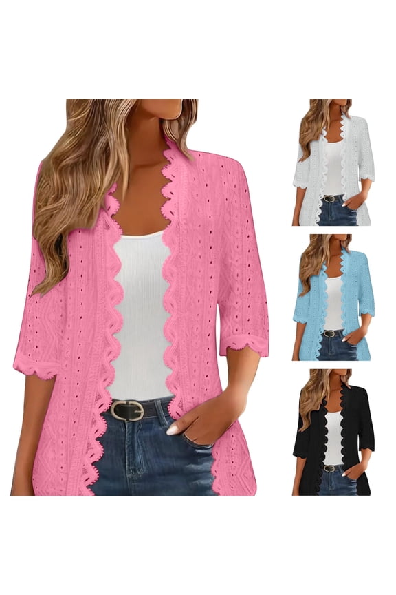 Womens 3/4 Sleeve Cardigans Eyelet Fashion Open Front Sweaters Lightweight Solid Color Summer Shrug Cardigan White L
