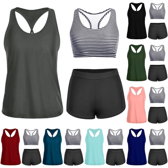 BiZtdJrK Womens Athletic 3 Piece Tankini Swimsuits Swim Tank Tops with Striped Bras and Boyshorts Tankinis Sets Tummy Control Modest Swimwear Blue XXL