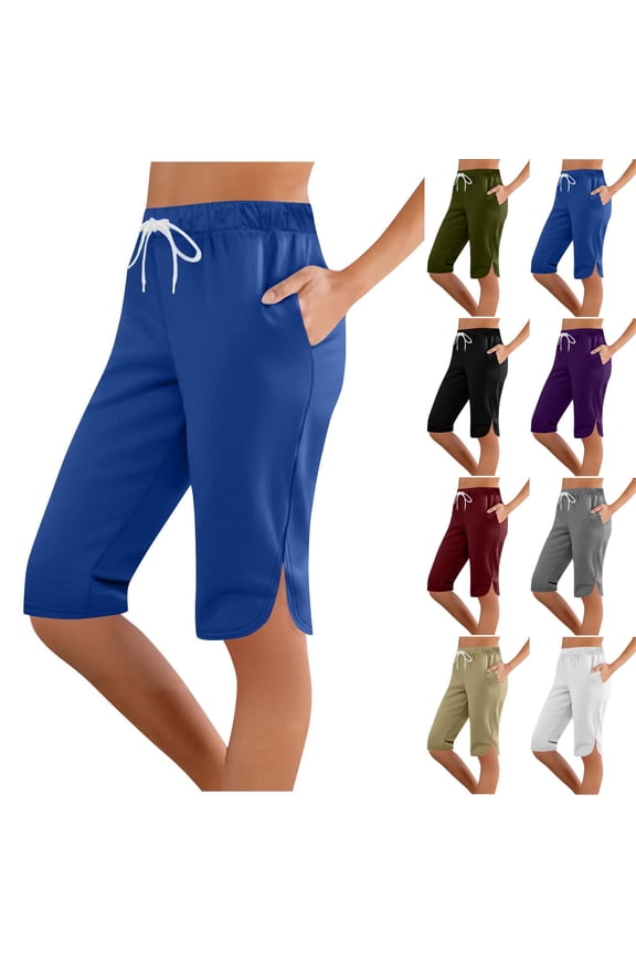 Womens Athletic Shorts Side Split Below The Knee Workout Shorts Drawstring Elastic Waist Summer Shorts Stretch Running Sweat Shorts with Pockets Birthday Gift Black M