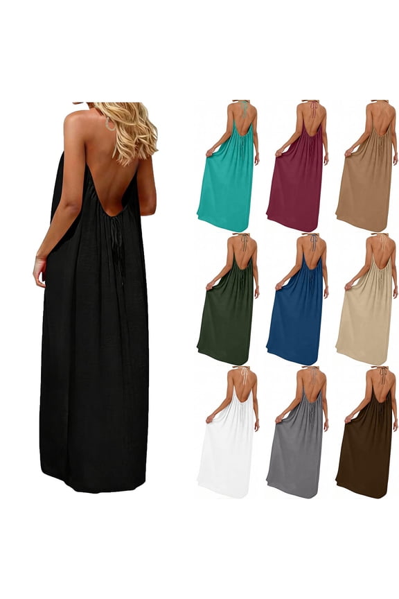 BiZtdJrK Womens Backless Cami Dresses Summer Sleeveless Adjustable Straps Beach Dress Solid Color Open Back Halter Maxi Dresses, Coffee, S