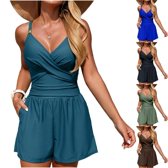 BiZtdJrK Womens Beach One Piece Swimsuit Ruched V Neck Fashion Bathing Suits Adjustable Straps Swimwear Rompers Vacation Summer Clothes Army Green S
