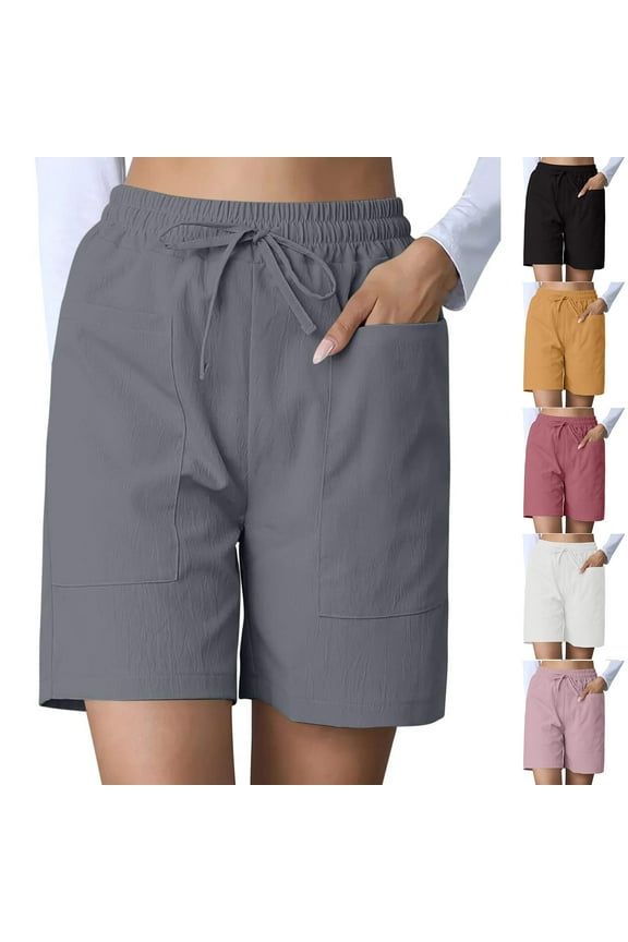 Womens Bermuda Shorts Drawstring Elastic Waist Straight Leg Work Shorts Solid Casual Cargo Shorts with Pockets clearance sale Black XXL