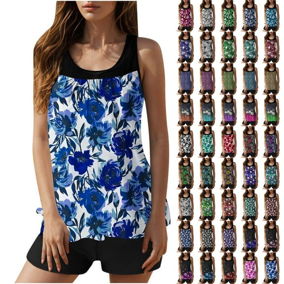 BiZtdJrK Womens Blouson Tank Top with Boyshorts 2 Piece Outfits Tummy Control Modest Swimsuits Sleeveless Tankini Bathing Suits, Blue, S
