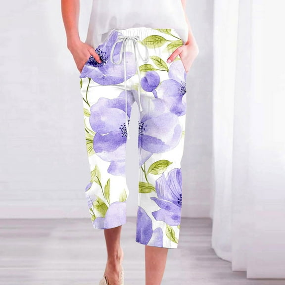 BiZtdJrK Womens Boho Summer Linen Pants Floral Print Capri Pants Drawstring Elastic Waisted Straight Leg Pants Beach Vacation Pants with Pockets on sale clearance 2025 Multicolor#7 XL