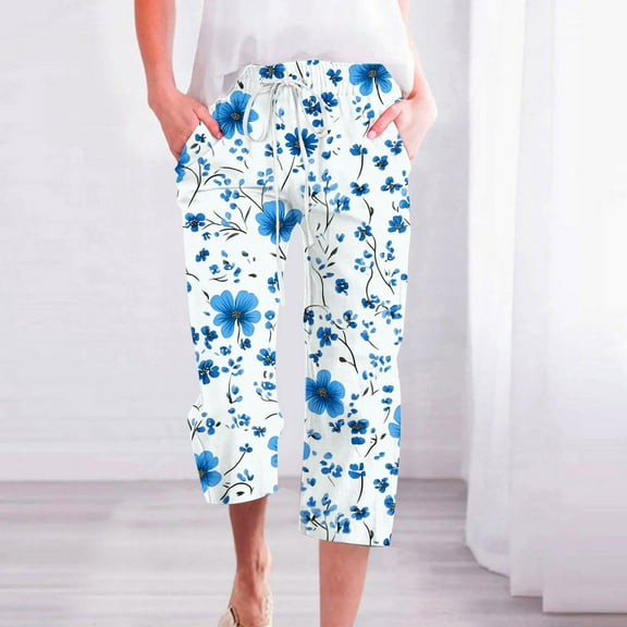 BiZtdJrK Womens Boho Summer Linen Pants Floral Print Capri Pants Drawstring Elastic Waisted Straight Leg Pants Beach Vacation Pants with Pockets on sale clearance 2025 Multicolor#2 XXL