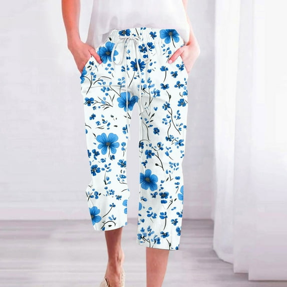 BiZtdJrK Womens Boho Summer Linen Pants Floral Print Capri Pants Drawstring Elastic Waisted Straight Leg Pants Beach Vacation Pants with Pockets sales today clearance Multicolor#2 XL