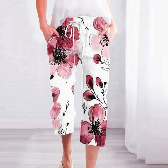 BiZtdJrK Womens Boho Summer Linen Pants Floral Print Capri Pants Drawstring Elastic Waisted Straight Leg Pants Beach Vacation Pants with Pockets sales today clearance Multicolor#8 M