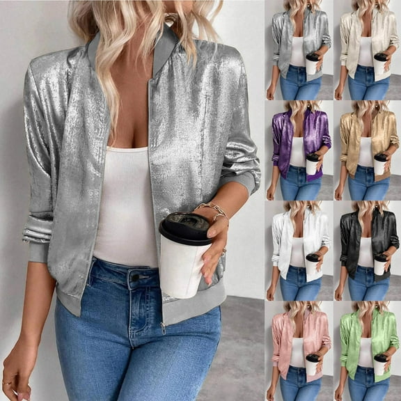 BiZtdJrK Womens Bomber Jacket Velvet Shiny Long Sleeve Zip Up Casual Jackets Fashion Club Party Outerwear Fall Outwear White M
