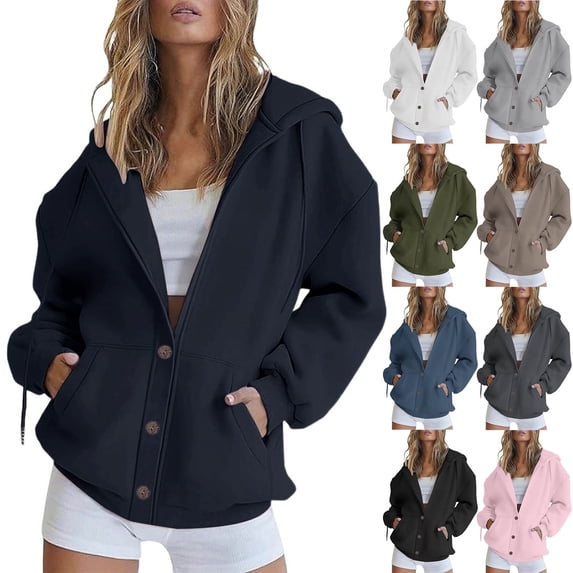 BiZtdJrK Womens Button Down Hooded Sweatshirt Fleece Lined Oversized Drawstring Jacket with Pockets Casual Lightweight Workout Hoodies Blue XXL