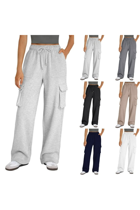 Womens Cargo Jogger Sweatpants Solid Drawstring Waist Athletic Pants Outdoor Casual Travel Sweat Pants with Multi Pockets Dark Gray S