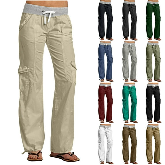 BiZtdJrK Womens Cargo Sweatpants with Pockets Casual Drawstring High Waisted Jogger Pants Slim Fit Straight Leg Lounge Pants Solid Color Work Trousers, Black XXL
