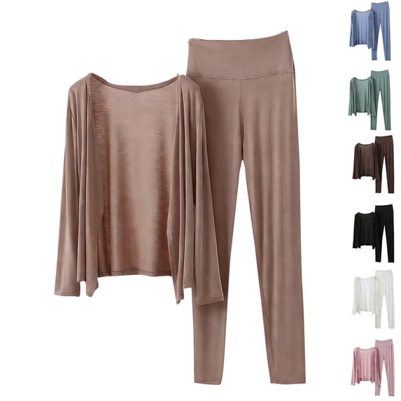 BiZtdJrK Womens Casual 2 Piece Sets Modal Long Sleeve Cardigans and Pjs Pants Pjs Set Plus Size Solid Color Comfy Sleepwear Outfits Khaki L