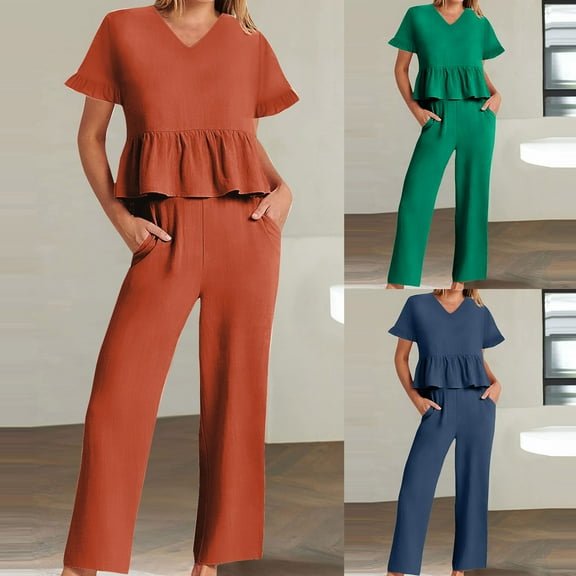 BiZtdJrK Womens Casual Cotton Linen Outfits Ruffle Short Sleeve Babydoll Tops and Pants 2 Piece Set Summer Vacation Matching Sets with Pockets