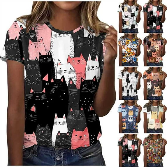 BiZtdJrK Womens Cat Graphic Tees Teen Girls Cute T-shirts Casual Summer Short Sleeve Crewneck Tops Multicolor L