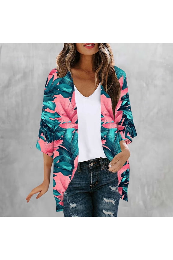 Womens Comfy Cardigans Floral Printed 3/4 Sleeve Hawaiian Beach Cover Ups Loose Fit Casual Open Front Kimonos Pink XXL