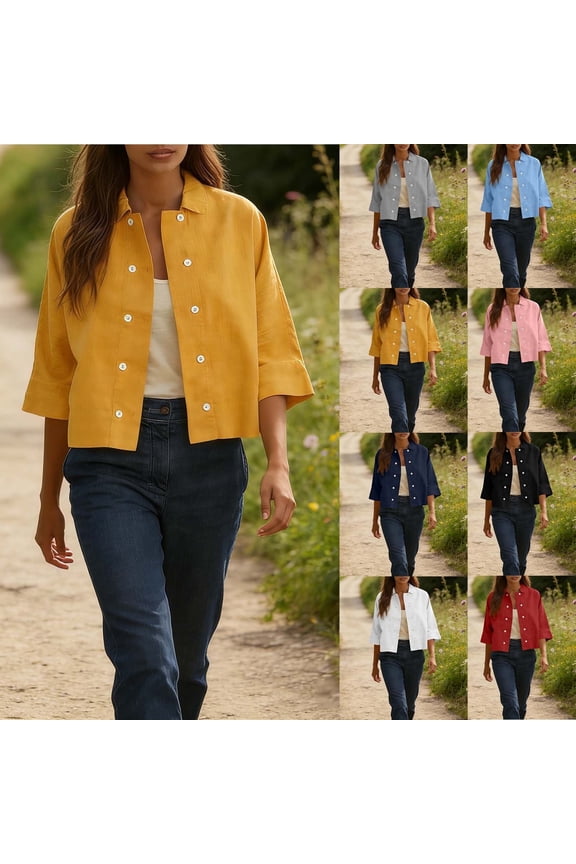 Womens Cotton Linen Cropped Jacket Lapel 3/4 Sleeve Button Down Jackets Fashion Summer Open Front Cardigans Navy L