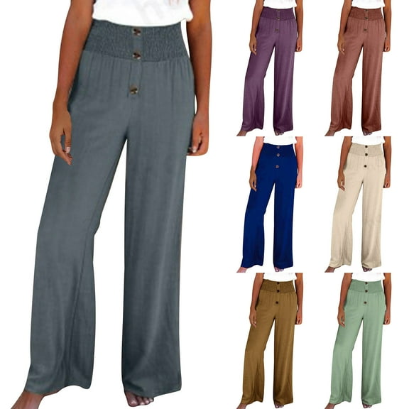 BiZtdJrK Womens Cotton Linen Pants Smocked High Waisted Wide Leg Trousers Baggy Casual Lounge Sweatpants on sale clearance Beige L