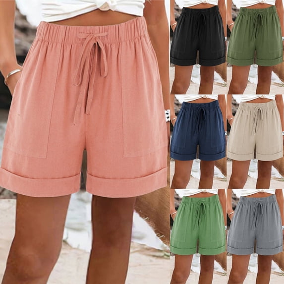 BiZtdJrK Women Loose Casual Shorts Cotton Linen Drawstring Elastic Waisted Boxer Shorts Rolled Hem Fashion Street Short Pants with Pockets Beige XL