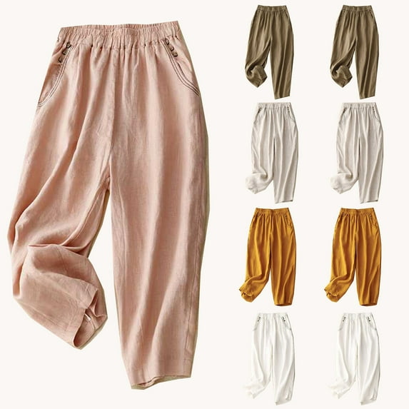 BiZtdJrK Womens Cotton Linen Straight Leg Pants Solid Casual Elastic Waist Trousers Summer Lightweight Palazzo Pants Going Out Beach Outfits Prime By Hour Khaki XL