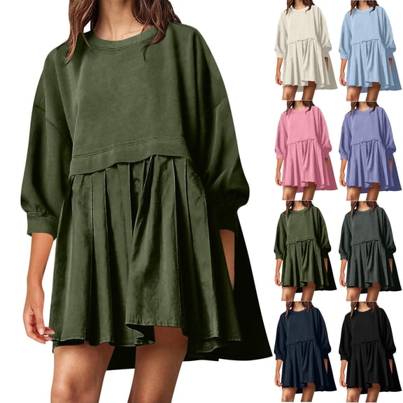 BiZtdJrK Womens Crew Neck Sweatshirt Dress Patchwork Pleated 3/4 Sleeve Mini Dresses Loose Fashion Vacation Sweatshirts Navy XL