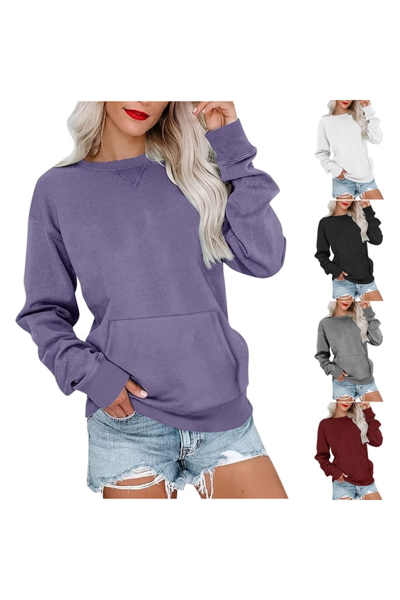 Womens Crewneck Sweatshirt Long Sleeve Casual Fall Pullover Loose Fit Comfy Lounge Sweatshirts with Kangaroo Pocket Black XL