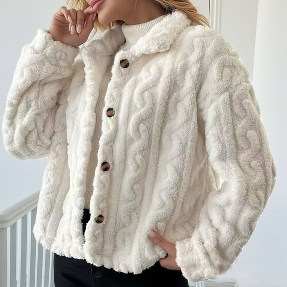 BiZtdJrK Womens Cropped Jackets Button Down Lapel Collar Long Sleeve Fuzzy Fleece Jacket Fashion Winter Coats White M