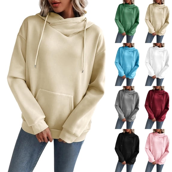 BiZtdJrK Womens Cross Neck Hoodie Solid Drawstring Sweatshirts with Kangaroo Pocket Lightweight Loose Workout Pullover Hoodies Gray XL