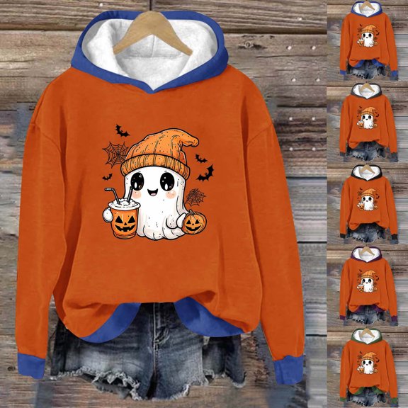 BiZtdJrK Womens Cute Hooded Sweatshirts Pumpkin Ghost Print Long Sleeve Hoodie Pullover Halloween Party Sweatshirt Green S
