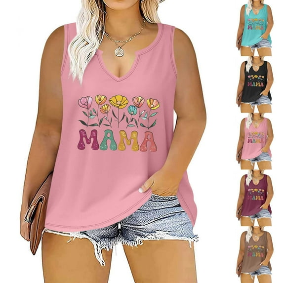 BiZtdJrK Womens Cute Mama Floral Print Tank Tops Solid V Neck Basic Sleeveless Blouse Gift Mother’s Day for Mom Black XL
