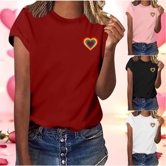 BiZtdJrK Womens Cute T Shirts Heart Print Short Sleeve Crew Neck Tee Tops Regular Fit Trendy Valentines Tees Black S