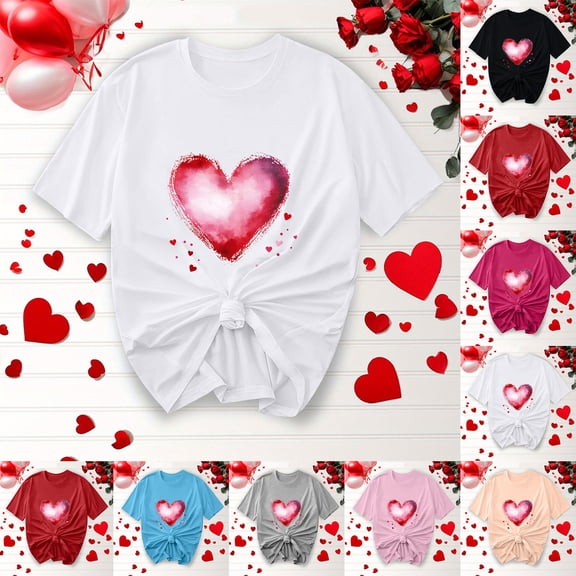 BiZtdJrK Womens Cute T Shirts Heart Print Short Sleeve Crew Neck Tee Tops Regular Fit Trendy Valentines Tees Gray XXL