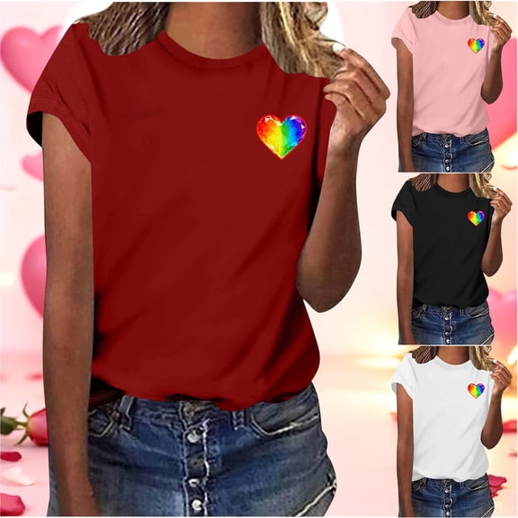 BiZtdJrK Womens Cute T Shirts Heart Print Short Sleeve Crew Neck Tee Tops Regular Fit Trendy Valentines Tees Pink XXXL