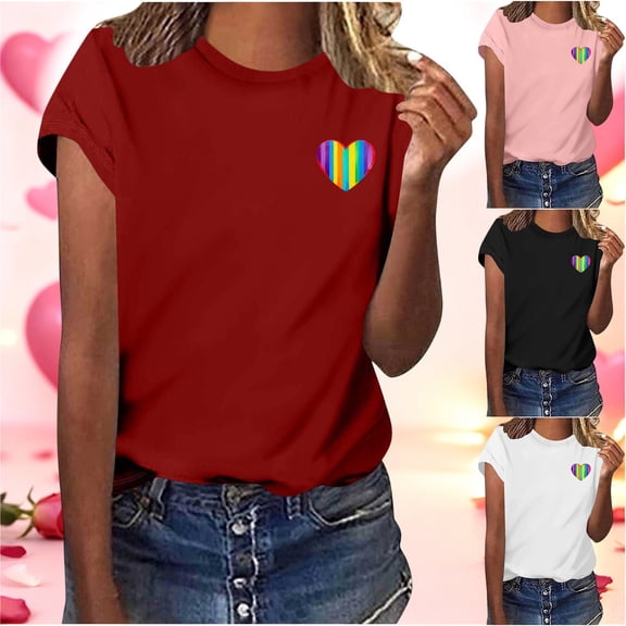 BiZtdJrK Womens Cute T Shirts Heart Print Short Sleeve Crew Neck Tee Tops Regular Fit Trendy Valentines Tees White M