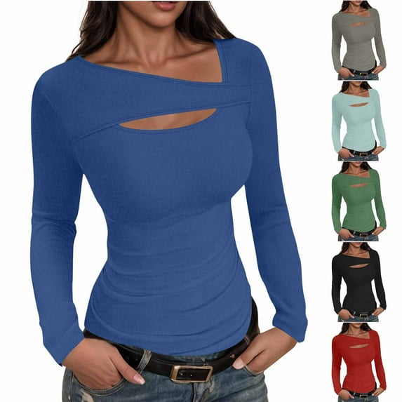 BiZtdJrK Womens Cutout Tops Ribbed Knit Long Sleeve Shirts Solid Color Slim Fit Tees Fashion Going Out Outfits Clothes, Gray, XL
