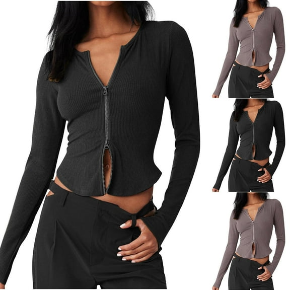 BiZtdJrK Womens Double Zip Up Long Sleeve Cropped Tops Lightweight Ribbed Knit Cardigan Sweaters Solid Color Slim Fit Workout Shirts, Black, S