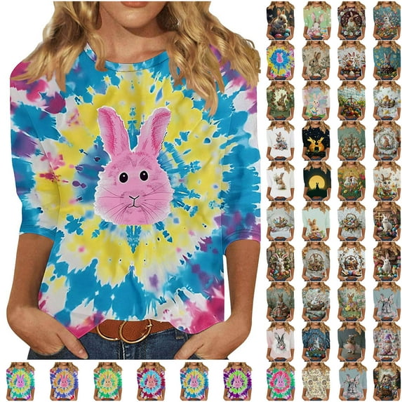 BiZtdJrK Womens Easter Day Shirt Funny Bunny Rabbit Printed Tops Fashion Colored Eggs Graphic Tees Spring Summer 3/4 Sleeve Shirts Multicolor XL Ofertas Flash Del Dia