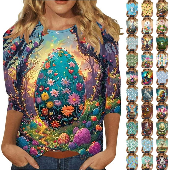 BiZtdJrK Womens Easter Shirts Spring 3/4 Sleeve Crewneck Eggs Pattern Tee Blouses Cute Rabbit Graphic Holiday Tunic Tops Multicolor L Lighten Sales of The Day