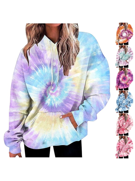Womens Fall Hoodie Pullover Tie Dye Long Sleeve Casual Sweatshirts Drawstring Lightweight Loose Fit Hooded Shirts with Pocket Light Blue XXL