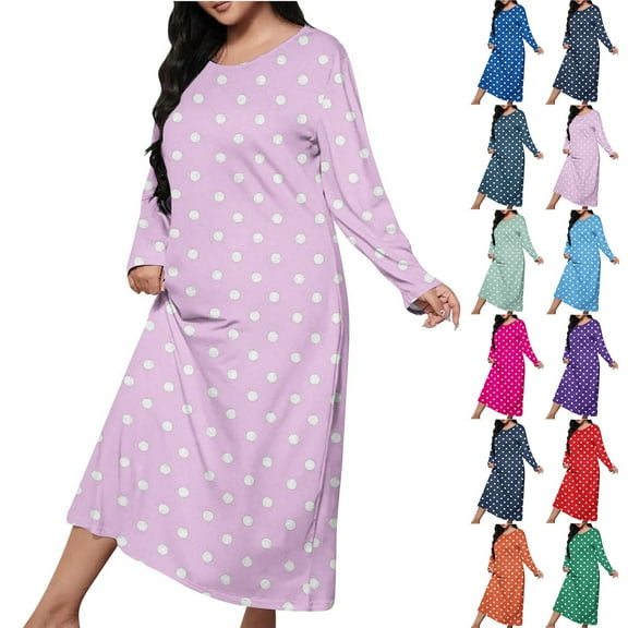 BiZtdJrK Womens Fall Nightdress Polka Dot Print Round Neck Long Sleeve Nightgowns Plus Size Loose Pajama Maxi Dresses Army Green M